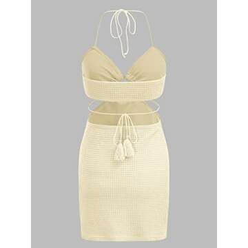 Verdusa Women's Casual Sleeveless Tie Backless Cut Out V Neck Bodycon Halter Mini Beach Boho Dress Beige S