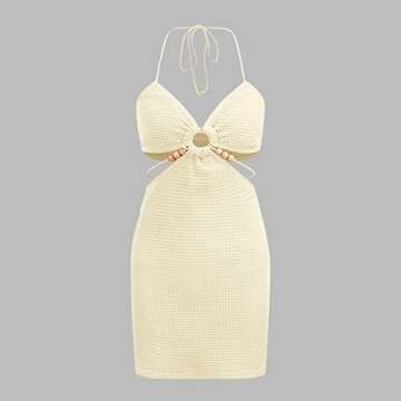 Verdusa Women's Casual Sleeveless Tie Backless Cut Out V Neck Bodycon Halter Mini Beach Boho Dress Beige S