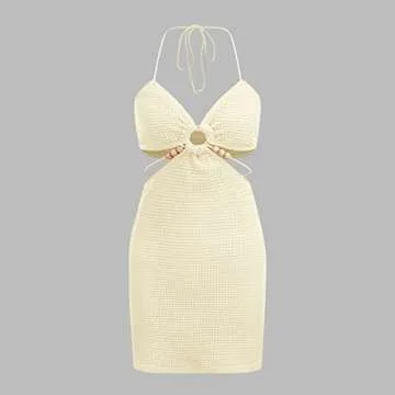 Verdusa Women's Casual Sleeveless Tie Backless Cut Out V Neck Bodycon Halter Mini Beach Boho Dress Beige S