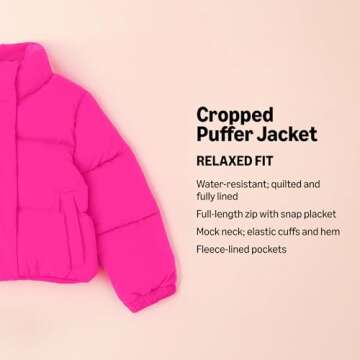 Amazon Essentials Girls' Cropped Full-Zip Puffer Jacket (Quilted Matte or Sherpa Fleece), Neon Pink,...