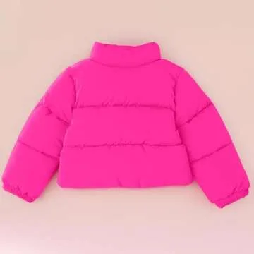 Amazon Essentials Girls' Cropped Full-Zip Puffer Jacket (Quilted Matte or Sherpa Fleece), Neon Pink, Small