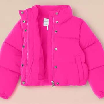 Amazon Essentials Girls' Cropped Full-Zip Puffer Jacket (Quilted Matte or Sherpa Fleece), Neon Pink, Small