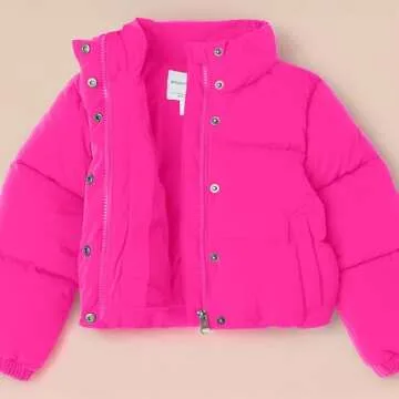 Amazon Essentials Girls' Cropped Full-Zip Puffer Jacket (Quilted Matte or Sherpa Fleece), Neon Pink, Small