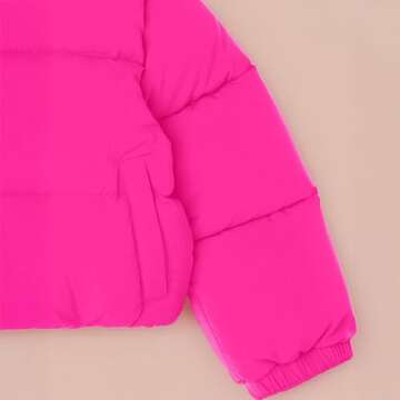 Amazon Essentials Girls' Cropped Full-Zip Puffer Jacket (Quilted Matte or Sherpa Fleece), Neon Pink, Small