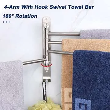 NearMoon Swivel Towel Rack, Thicken SUS304 Stainless Steel 4-Arm Towel Bar, Space Saving Wall Mounted Towel Holder with Hook, Rustproof Swing Out Towel Hanger for Bathroom, Kitchen (Brushed Nickel)