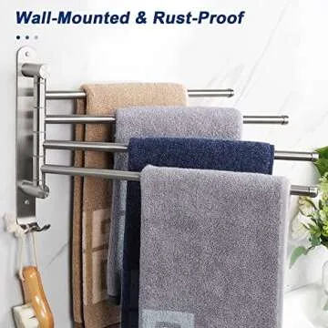NearMoon Swivel Towel Rack, Thicken SUS304 Stainless Steel 4-Arm Towel Bar, Space Saving Wall Mounted Towel Holder with Hook, Rustproof Swing Out Towel Hanger for Bathroom, Kitchen (Brushed Nickel)