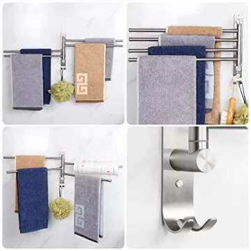 NearMoon Swivel Towel Rack, Thicken SUS304 Stainless Steel 4-Arm Towel Bar, Space Saving Wall Mounted Towel Holder with Hook, Rustproof Swing Out Towel Hanger for Bathroom, Kitchen (Brushed Nickel)