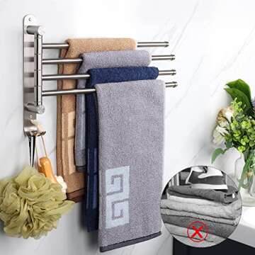 NearMoon Swivel Towel Rack, Thicken SUS304 Stainless Steel 4-Arm Towel Bar, Space Saving Wall Mounted Towel Holder with Hook, Rustproof Swing Out Towel Hanger for Bathroom, Kitchen (Brushed Nickel)