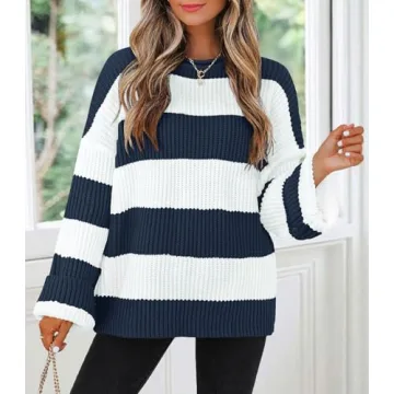 ZESICA Cozy Oversized Striped Sweater for Women