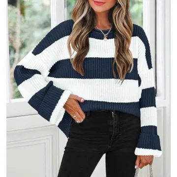 ZESICA Cozy Oversized Striped Sweater for Women