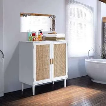 Finnhomy Sideboard Buffet Storage Liquor Cabinet with Rattan Decorated Doors, Kitchen, Dining Room, Hallway, Cupboard Console Table, Accent Cabinet, 31.5X 15.8X 34.6 Inches, White