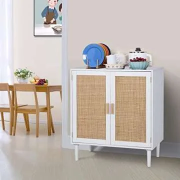 Finnhomy Sideboard Buffet Storage Liquor Cabinet with Rattan Decorated Doors, Kitchen, Dining Room, Hallway, Cupboard Console Table, Accent Cabinet, 31.5X 15.8X 34.6 Inches, White