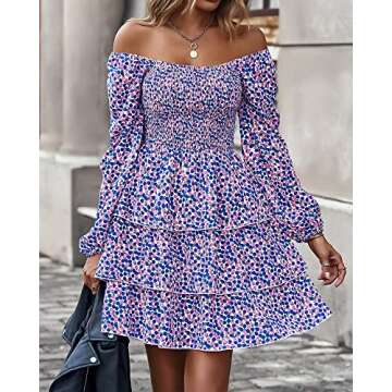 BTFBM Women Square Neck Smocked Dresses 2025 Summer Fall Long Sleeve Floral Swiss Dot Mini Boho Wedd...