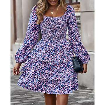 BTFBM Women Square Neck Smocked Dresses 2025 Summer Fall Long Sleeve Floral Swiss Dot Mini Boho Wedding Guest Dress(Floral Blue Pink, X-Large)