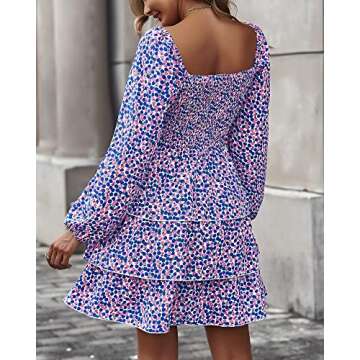BTFBM Women Square Neck Smocked Dresses 2025 Summer Fall Long Sleeve Floral Swiss Dot Mini Boho Wedding Guest Dress(Floral Blue Pink, X-Large)