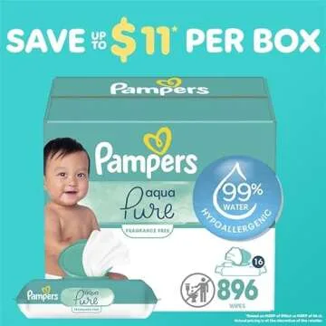 Pampers Baby Wipes Aqua Pure, 99% water-based wipes, Hypoallergenic and Unscented Infant Wipe, 896 Total (16 Flip-Top Packs)
