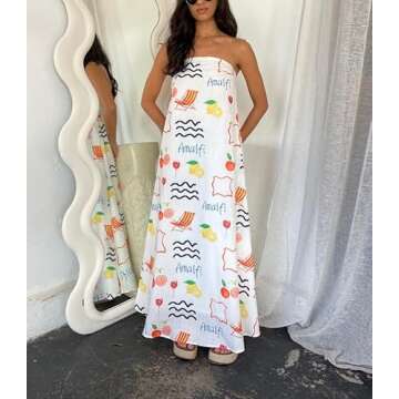 ROAONOCOMO Women Graphic Strapless Long Tube Dress Off Shoulder Backless Maxi Dress Flowy Summer Hol...