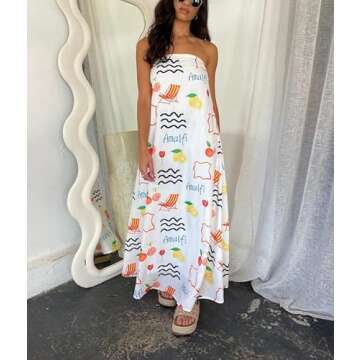 ROAONOCOMO Women Graphic Strapless Long Tube Dress Off Shoulder Backless Maxi Dress Flowy Summer Holiday Beach Dress