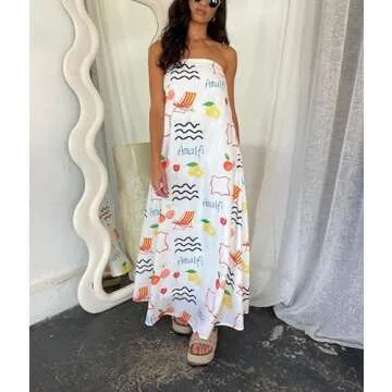 ROAONOCOMO Women Graphic Strapless Long Tube Dress Off Shoulder Backless Maxi Dress Flowy Summer Holiday Beach Dress