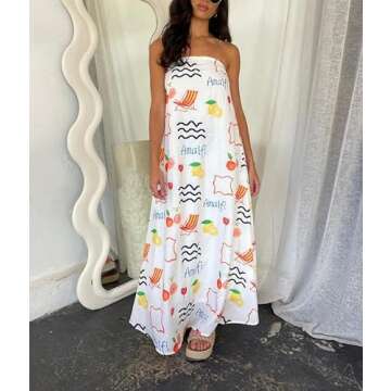 ROAONOCOMO Women Graphic Strapless Long Tube Dress Off Shoulder Backless Maxi Dress Flowy Summer Holiday Beach Dress