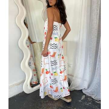 ROAONOCOMO Women Graphic Strapless Long Tube Dress Off Shoulder Backless Maxi Dress Flowy Summer Holiday Beach Dress