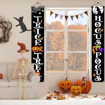 OLANRUN Halloween Decorations Door Banners, 70 Inch Halloween Decor Porch Banner with Trick or Treat & Hocus Pocus, Cute Halloween Hanging Banners for Party, Outdoor, Indoor, Door, Wall Decorations
