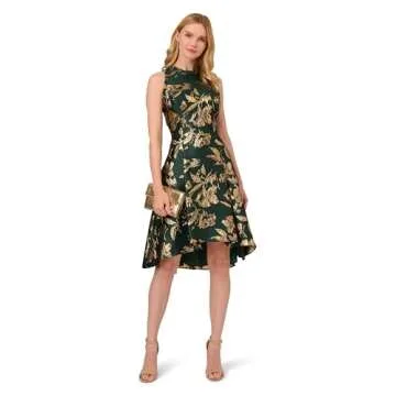 Adrianna Papell Women's Ruffle Jacquard Dress, Hunter