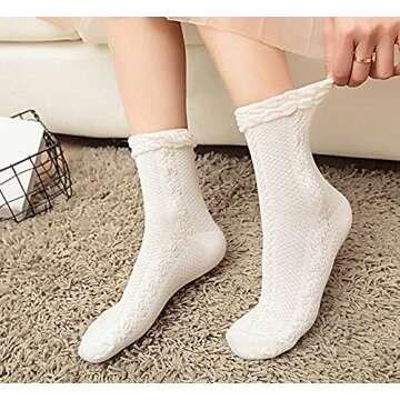Lovful Womens Ruffle Trim Elastic Casual Socks, Cute Cotton Crew Frilly Socks, Thin Soft Dress Socks 5 Pairs, Multicolored