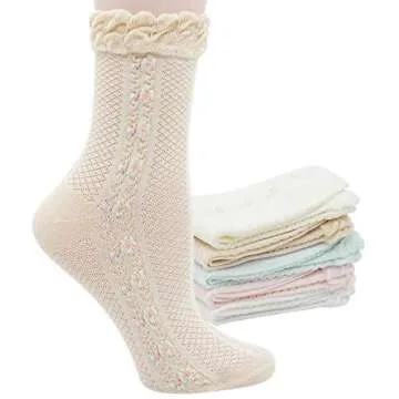 Lovful Womens Ruffle Trim Elastic Casual Socks, Cute Cotton Crew Frilly Socks, Thin Soft Dress Socks 5 Pairs, Multicolored