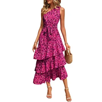 PRETTYGARDEN Women's Summer Floral Sundress Casual One Shoulder Tiered Ruffle Flowy Midi Beach Boho ...