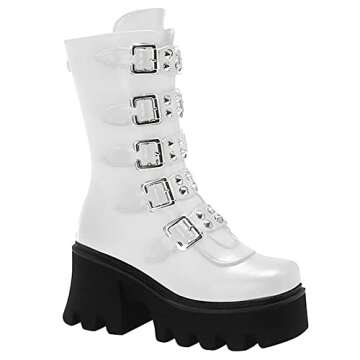 YIYA Women's Studded Mid Calf Combat Boots white Goth Platform Boots Round Toe Buckle Chunky Heel Bo...