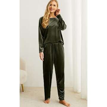 PrinStory 2024 Pajama Sets for Women Velvet Sleepwear 2 Piece Lounge Sets Soft Pjs Loungewear with Pockets Army Green-2XL