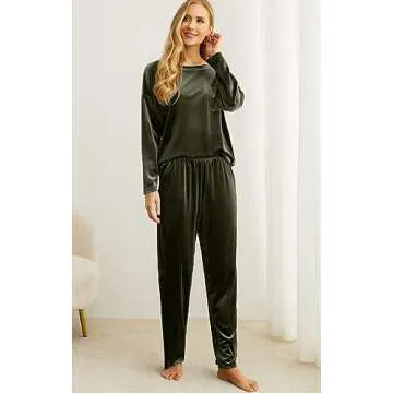 PrinStory 2024 Pajama Sets for Women Velvet Sleepwear 2 Piece Lounge Sets Soft Pjs Loungewear with Pockets Army Green-2XL
