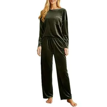 PrinStory 2024 Pajama Sets for Women Velvet Sleepwear 2 Piece Lounge Sets Soft Pjs Loungewear with Pockets Army Green-2XL