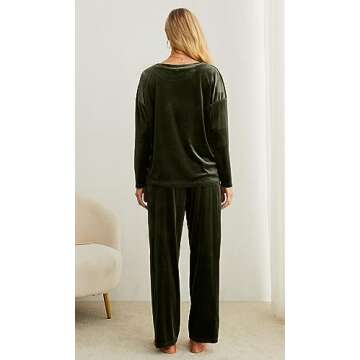 PrinStory 2024 Pajama Sets for Women Velvet Sleepwear 2 Piece Lounge Sets Soft Pjs Loungewear with Pockets Army Green-2XL