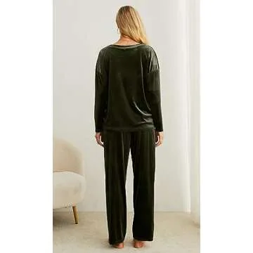 PrinStory 2024 Pajama Sets for Women Velvet Sleepwear 2 Piece Lounge Sets Soft Pjs Loungewear with Pockets Army Green-2XL