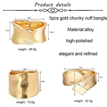 SAMOCO 3Pcs 18K Gold Plating Bangles Bracelets for Women Chunky Polished-Finish Wrist Cuff Wrap Hinge Twist Bangle Opening Wide-Grooved Wire Statement Fashion Jewelry Bracelet for Women