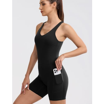 ENERBLOOM Womens Yoga Jumpsuits Workout One Piece Rompers with Pockets Bodycon Backless Bodysuits Padded Black X-Small