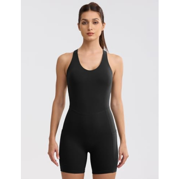ENERBLOOM Womens Yoga Jumpsuits Workout One Piece Rompers with Pockets Bodycon Backless Bodysuits Padded Black X-Small
