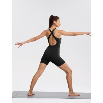 ENERBLOOM Womens Yoga Jumpsuits Workout One Piece Rompers with Pockets Bodycon Backless Bodysuits Padded Black X-Small