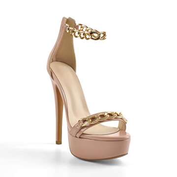 richealnini Women's Platform Stiletto High Heel Sandals with Chains Decor Open Round Toe Sandals with Back Zipper Slim Heeled Zip Up Prom Club Party Dress Shoes Pink Size 6