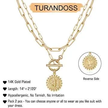 Turandoss Gold Layered Initial Necklaces for Women, 14K Gold Plated Dainty Layering Paperclip Link Chain Necklace Personalized Coin Pendant J Initial Necklaces for Women Gold Jewelry Gifts