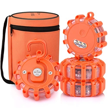 AK 4 Pack LED Road Flares Safety Flashing Emergency Disc Beacon Light Kit with Magnet & Hook