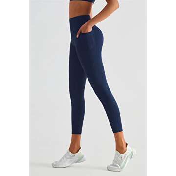 altiland No Front Seam Workout Leggings for Women with Pockets, Buttery Soft Tummy Control Yoga Pants, Athletic Gym Squat Proof Capris (Medium, True Navy)