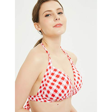 Retro Plaid Polka Dot Halter Push Up Bikini Top for Women