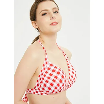 Retro Plaid Polka Dot Halter Push Up Bikini Top for Women