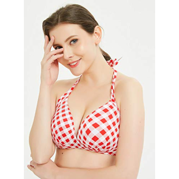 Retro Plaid Polka Dot Halter Push Up Bikini Top for Women