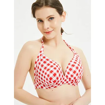 Retro Plaid Polka Dot Halter Push Up Bikini Top for Women