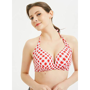 Retro Plaid Polka Dot Halter Push Up Bikini Top for Women