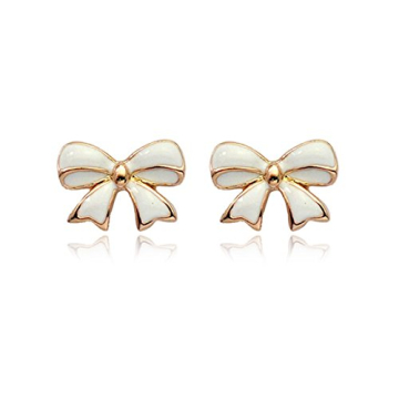 TyNox Simple Gold Tone Bow Tie Ribbon Stud Earrings Fashion Jewelry for Women (White)